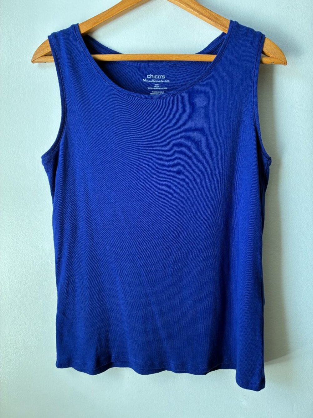 EUC CHICO'S THE ULTIMATE TEE 100% PIMA COTTON BLUE BOAT NECK TANK TOP SZ 1 / M